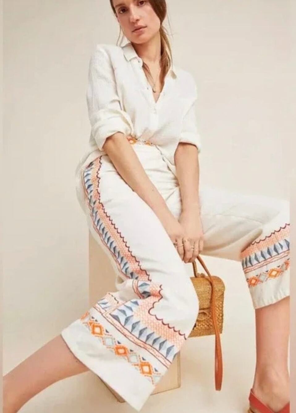 Anthropologie Womens 8 White Embroidered Wide-Leg Linen-Blend Lined Boho Pants